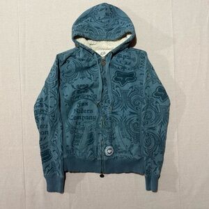 Y2K Women’s Fox Hoodie All Over Print Fleece Lined Double Zipper Size XL Teal